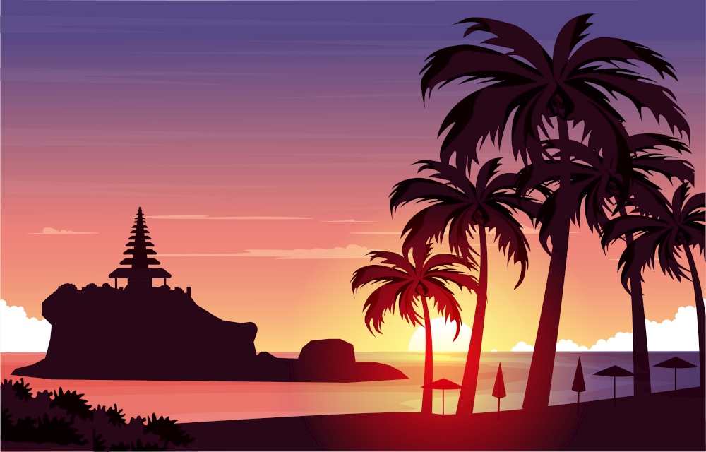 Beautiful Sunset Tanah Lot Beach Bali Cliff Landscape View Illustration